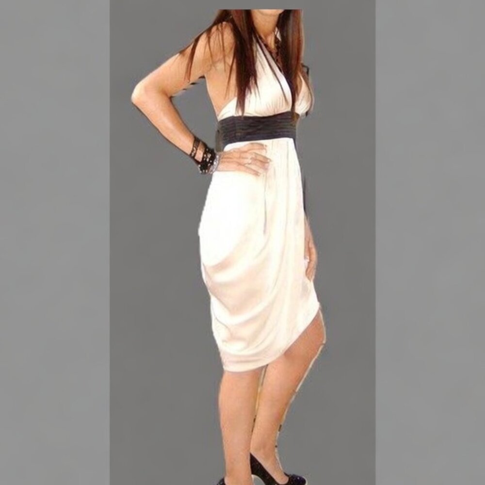 BCBGMaxAzira Corozo Cream Halter Dress w/Black Pleated Waist & Asymmetrical Hem